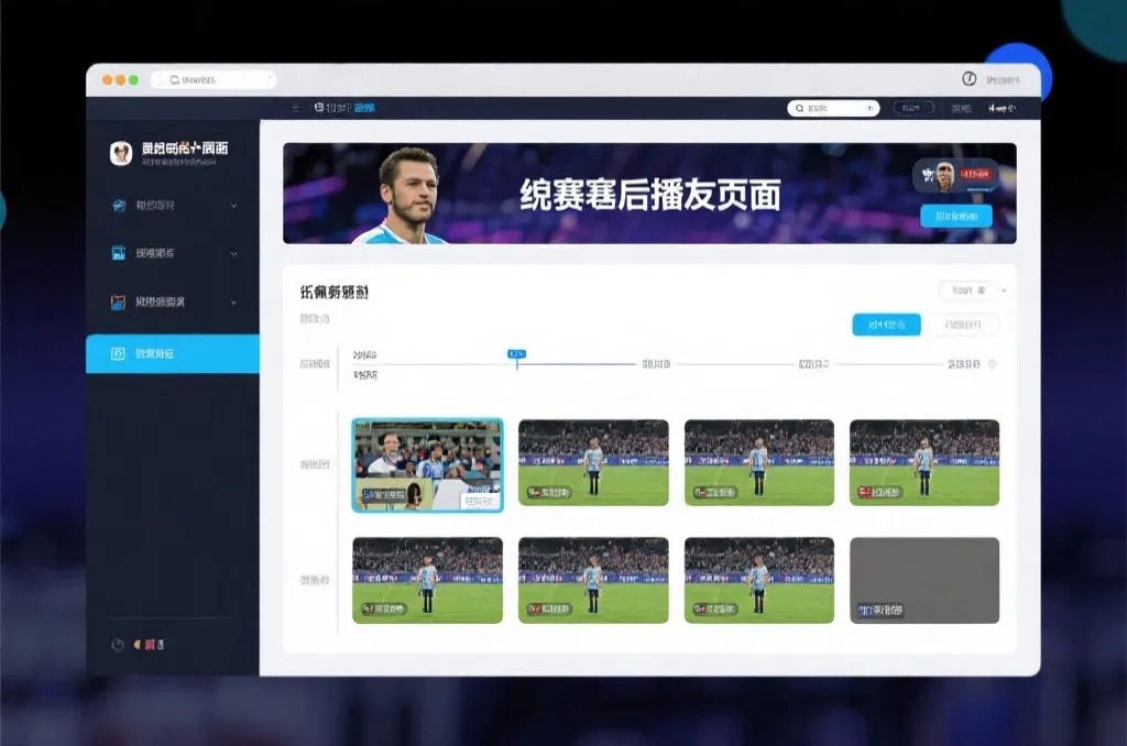 比赛结束后，电视屏幕展示集锦回放页面，旁边有时间轴和多角度切换提示